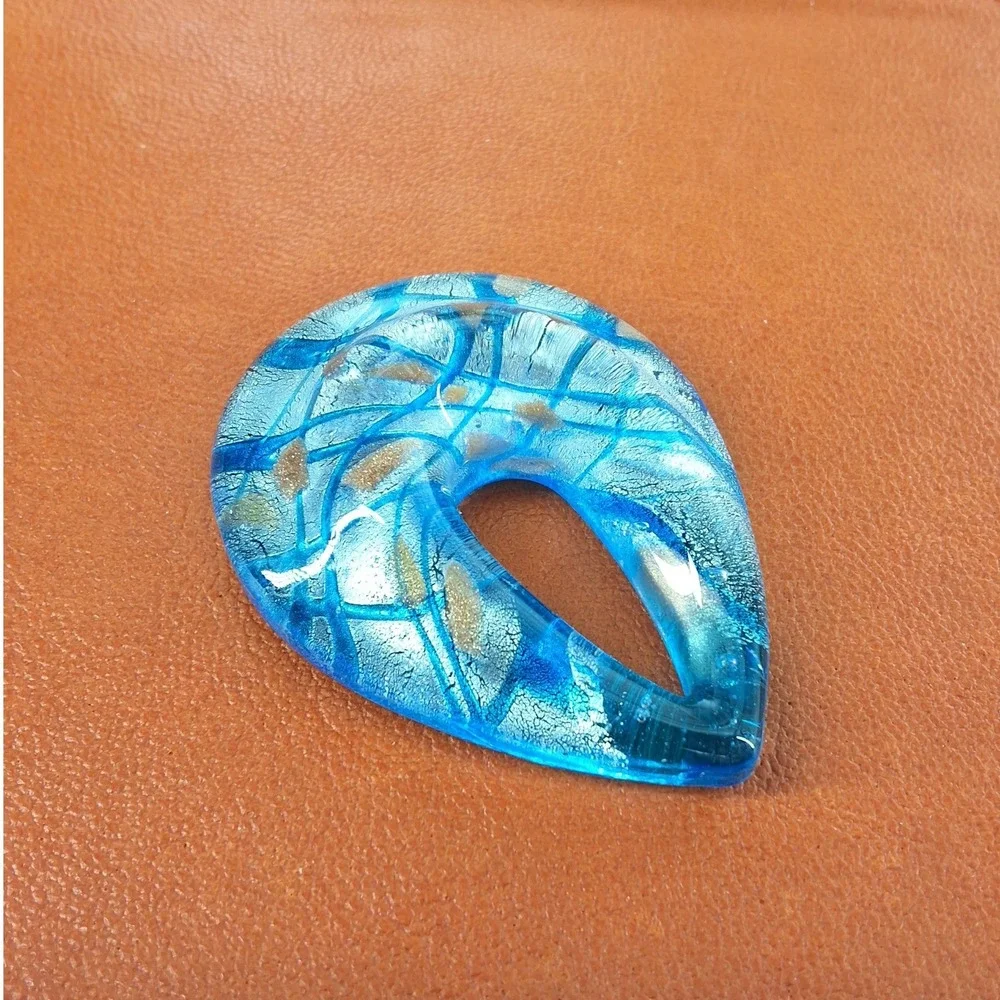 Blue Murano Style Art‎ Glass Teardrop Pendant Silver Foil Aventurine 1.75